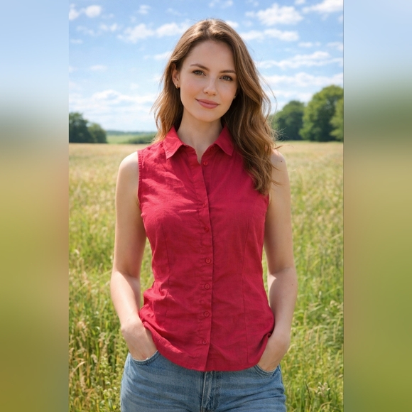 George Tops - Red 100% Linen Sleeveless Button Front Blouse Size S